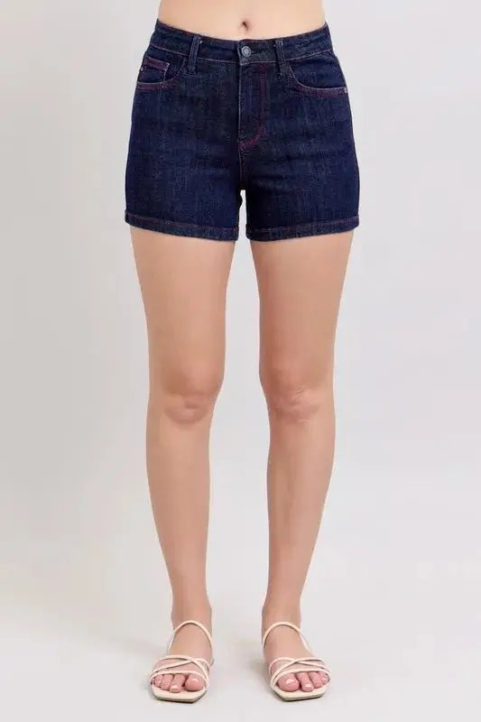 Judy Blue High Waist Heart Shaped Pkts & Red Contrast Thread Denim Shorts - Love Salve